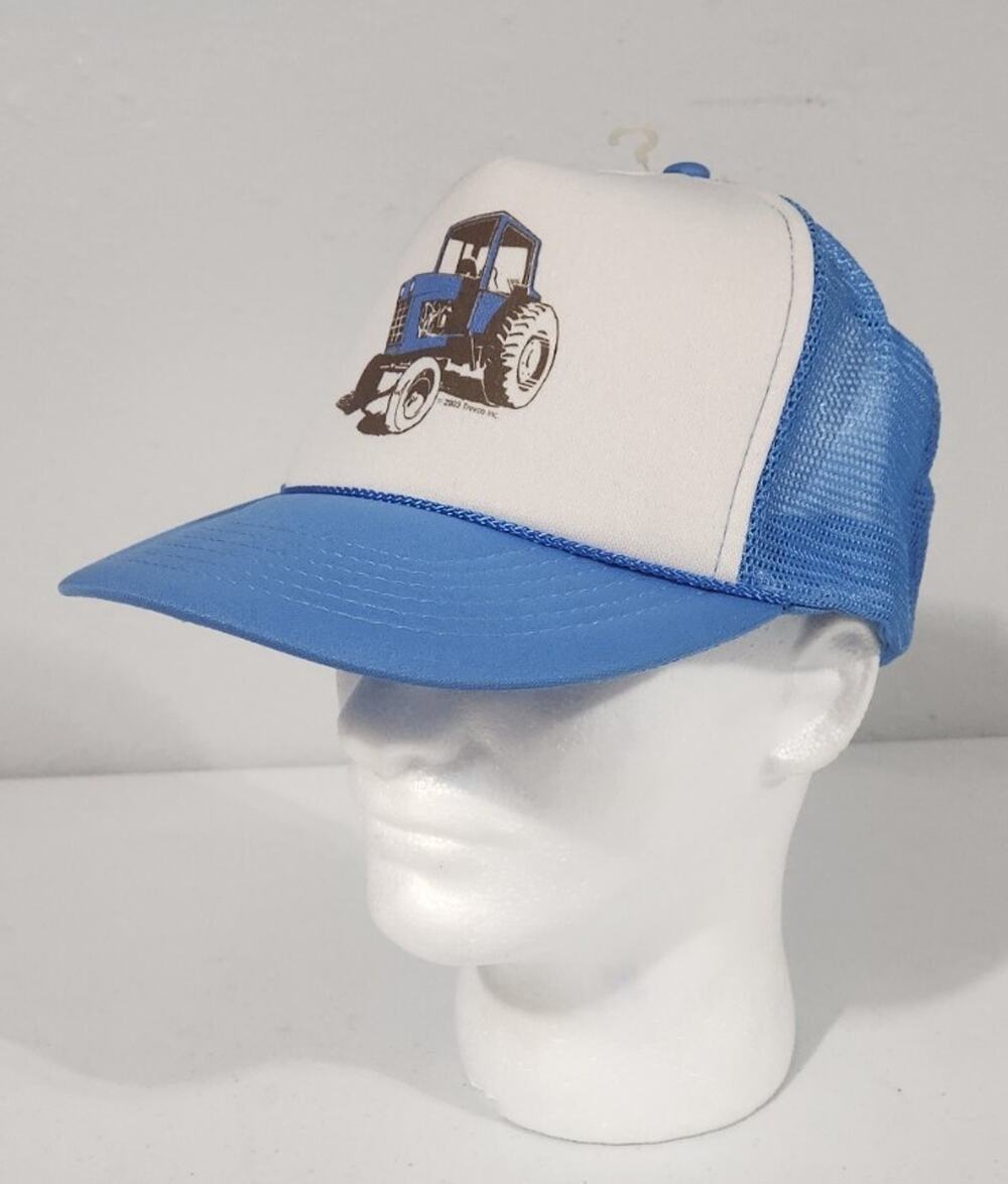 Vtg Blue Tractor Hat Farm Cap Mesh Back Foam Trucker Double Snapback.